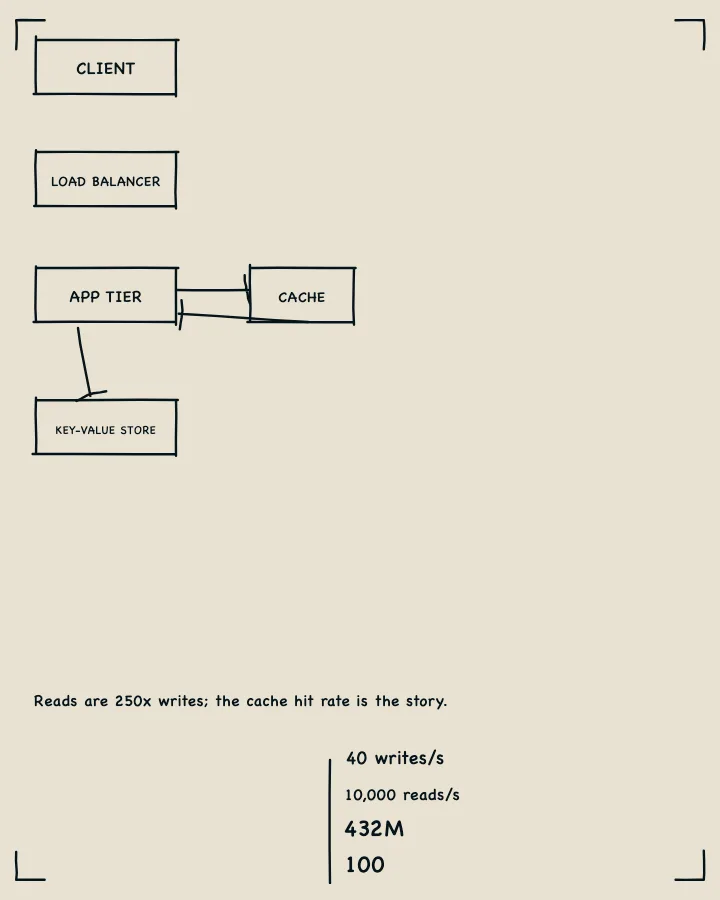 A URL shortener system design drawn by hand on paper and photographed.